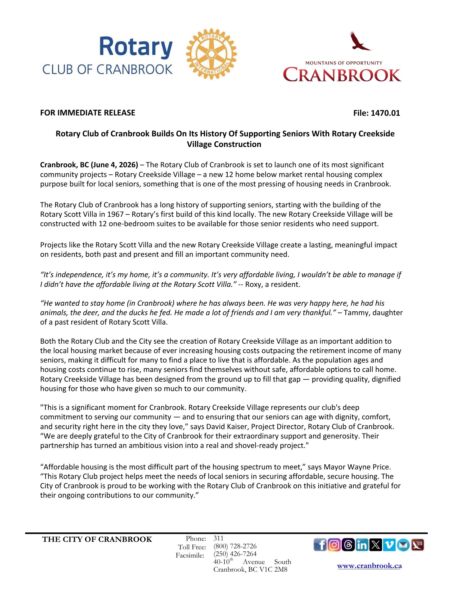 Rotary Creekside Village press release page 1
