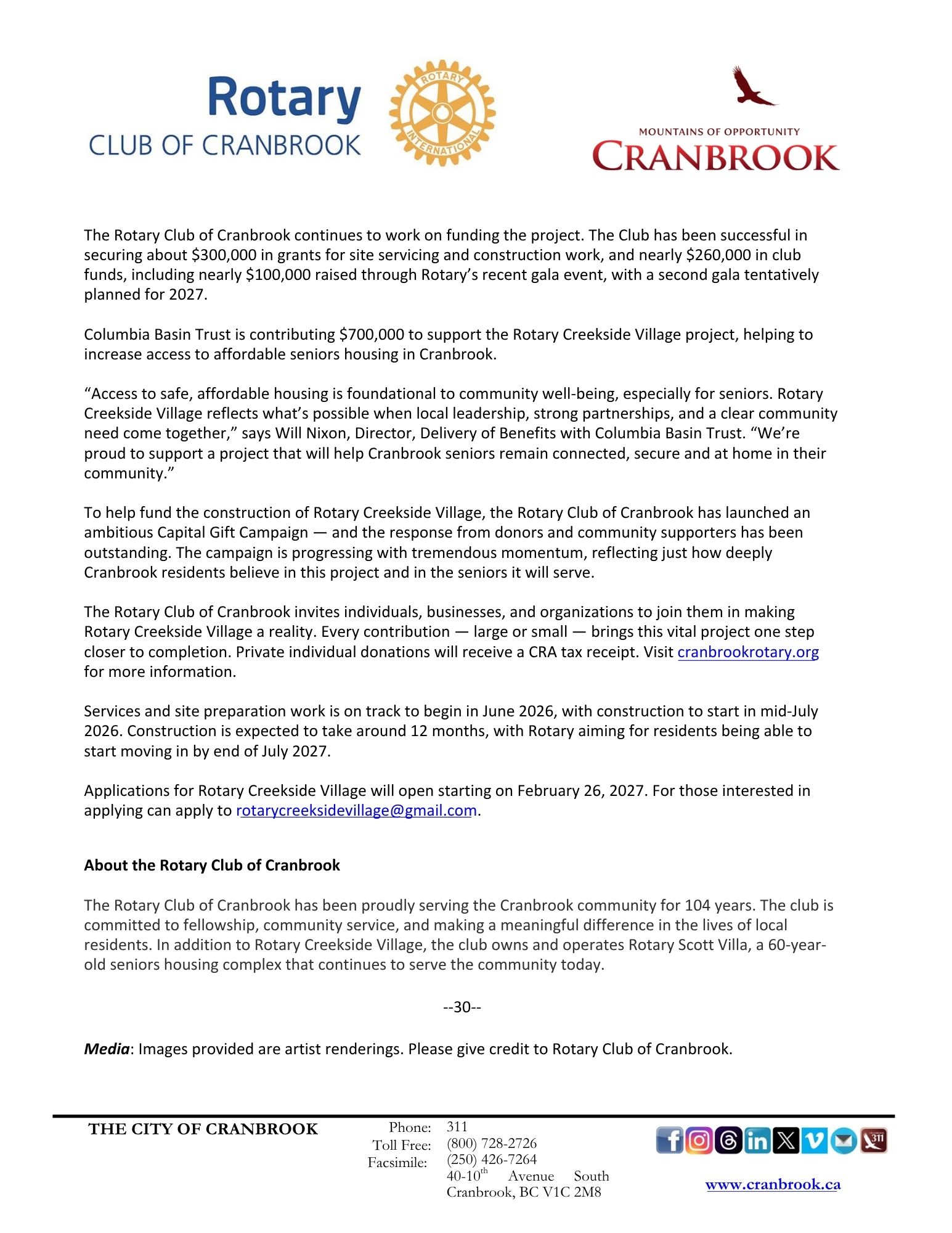 Rotary Creekside Village press release page 2
